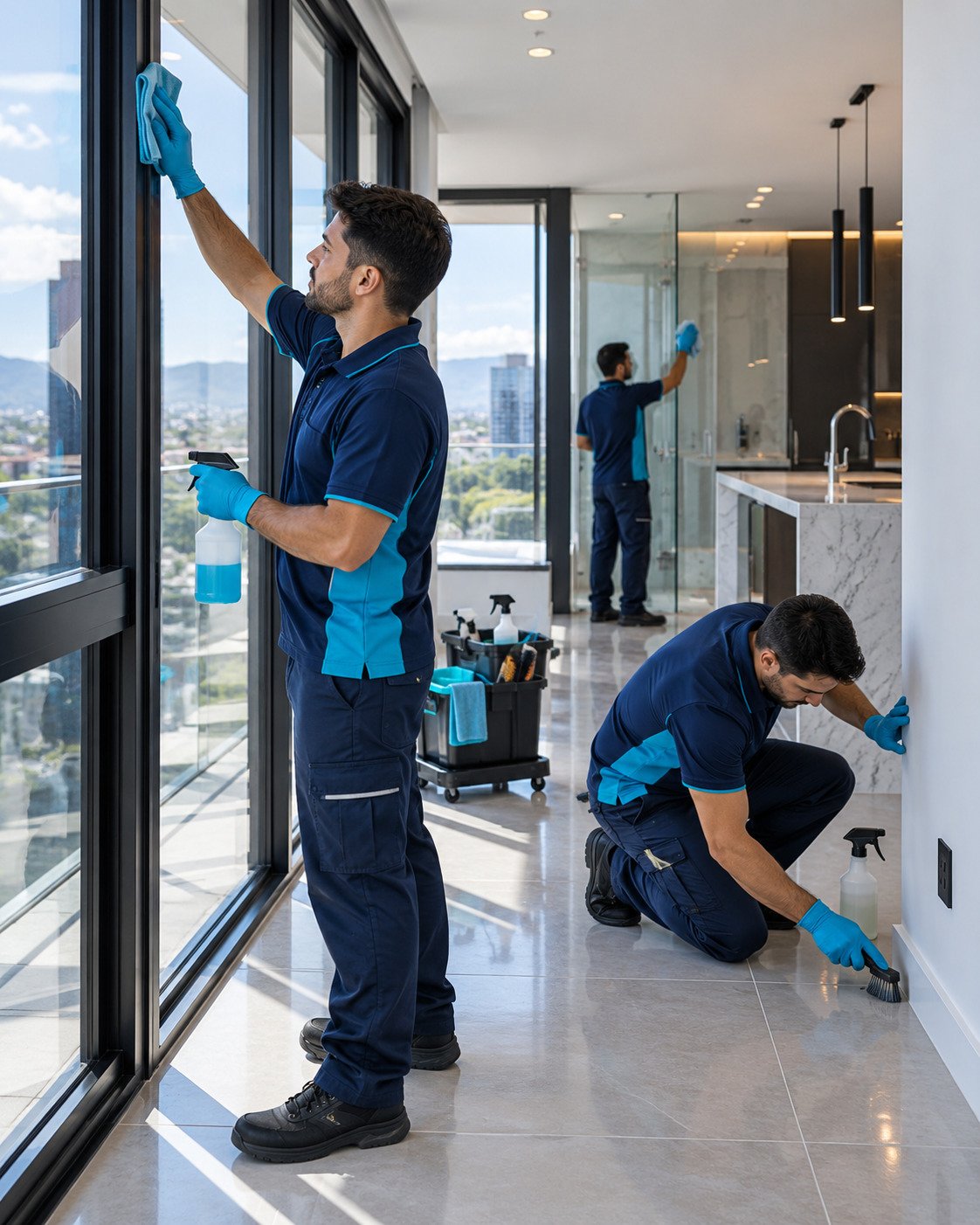 Técnico realizando limpeza de grandes panos de vidro em edifício corporativo